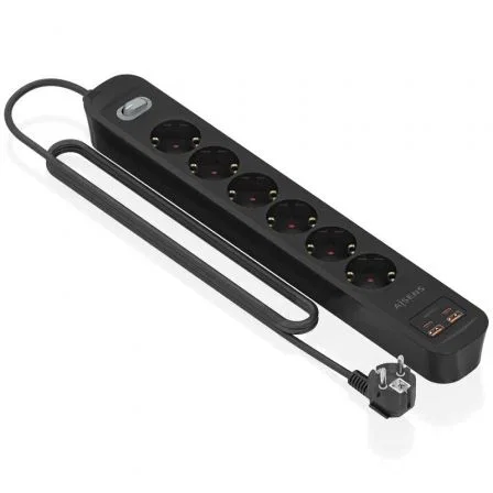 Aisens Regleta con Interruptor ASPS-2A2C17-BK, 6 Tomas y 4 Puertos USB, Negro